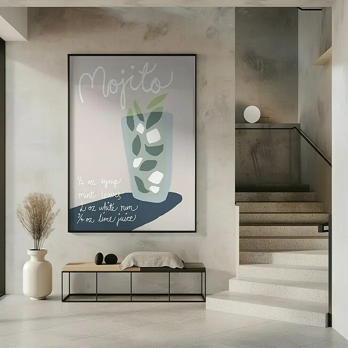 Papermoon Bild - Mojito Rezept, B x H: 100 x 140 cm, Mit Passepartout, Rahmen Schwarz - Ein stilvolles Interieur mit einem auffälligen Mojito-Kunstdruck, der über einer modernen Bank mit Dekorationen platziert ist.