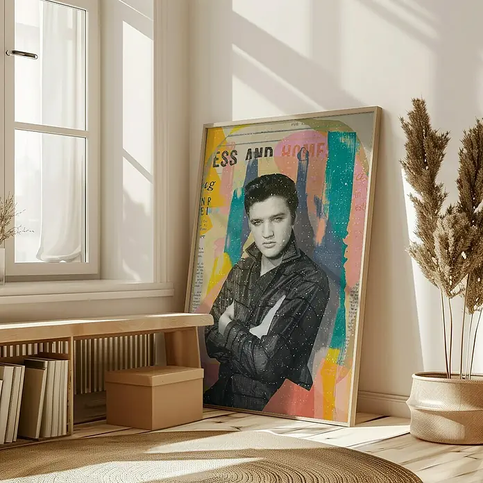 Papermoon Bild - King in the House, B x H: 100 x 140 cm, Ohne Passepartout, Rahmen Eiche - Ein gerahmtes Elvis-Porträt im Pop-Art-Stil lehnt an einer Wand und verleiht dem Raum eine künstlerische Note. Daneben steht eine Pflanze in einem Korb.