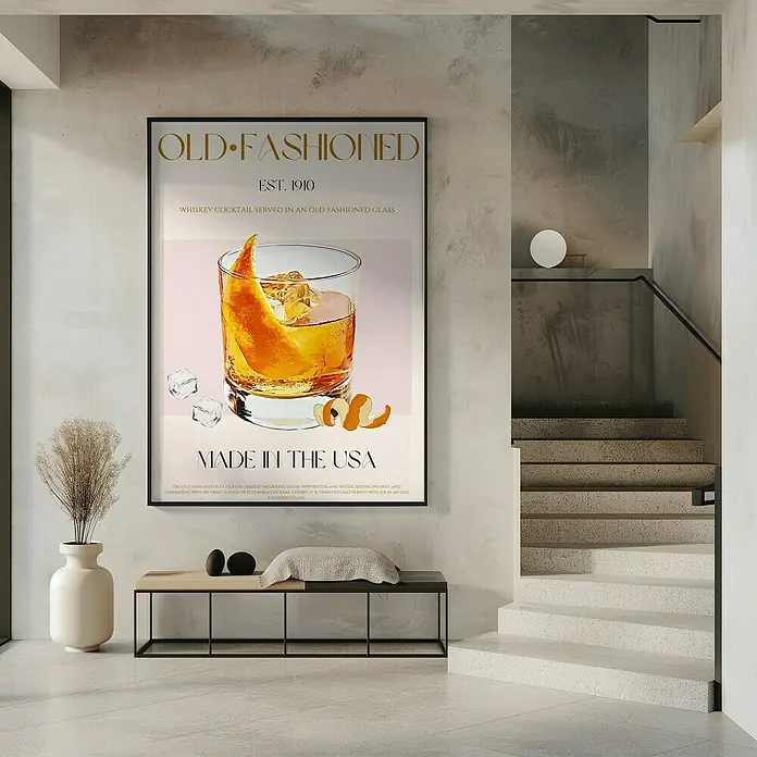 Papermoon Bild - Classic Cocktail, B x H: 100 x 140 cm, Ohne Passepartout, Rahmen Schwarz - Dekoratives Wandbild mit dem Titel "Old Fashioned", ein Whiskey-Cocktail, der in den USA hergestellt wird, verleiht jedem Raum einen Hauch von Klasse.