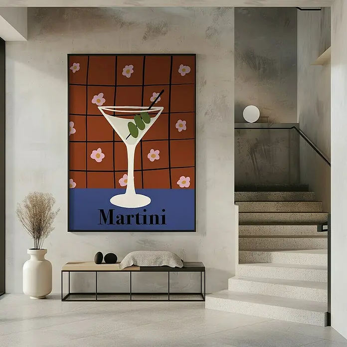 Papermoon Bild - Martini, B x H: 100 x 140 cm, Mit Passepartout, Rahmen Schwarz - Ein Martini-Poster in einem modernen Interieur. Das Poster zeigt ein stilisiertes Martini-Glas auf einem braun-blauen Hintergrund mit Blumenmuster.