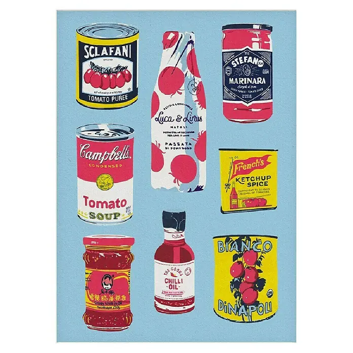 Papermoon Poster - Canned Tomatoes, B x H: 80 x 110 cm, Mit Passepartout - Illustration verschiedener Konserven mit Tomatenprodukten wie Tomatenpüree, Suppe, Ketchup, Marinara-Sauce und Chiliöl.