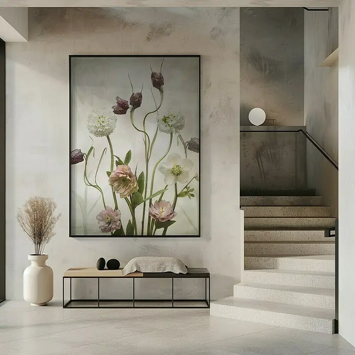 Papermoon Bild - Spring Garden, B x H: 80 x 110 cm, Ohne Passepartout, Rahmen Schwarz - Stillleben mit einem Blumenbild über einer Bank, neben einer Vase und mit einer Treppe im Hintergrund.