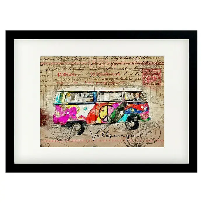 Papermoon Bild - VW Combi Art, B x H: 70 x 50 cm, Mit Passepartout, Rahmen Schwarz - Gerahmtes Bild eines farbenfrohen VW-Busses mit Friedenszeichen, eingebettet in eine Collage aus Schrift und Stempeln.