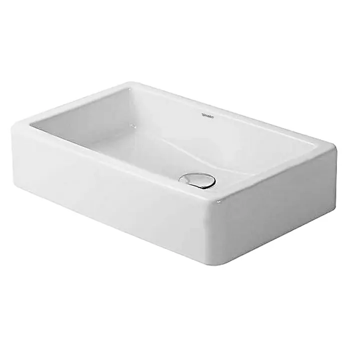 Duravit Vero Aufsatzwaschbecken - 60 x 38 cm, Ohne Spezialglasur, Hahnloch: Ohne, Ohne Überlauf, Weiß - Ein weißes, rechteckiges Aufsatzwaschbecken aus Keramik mit abgerundeten Ecken und einem mittigen Ablauf.