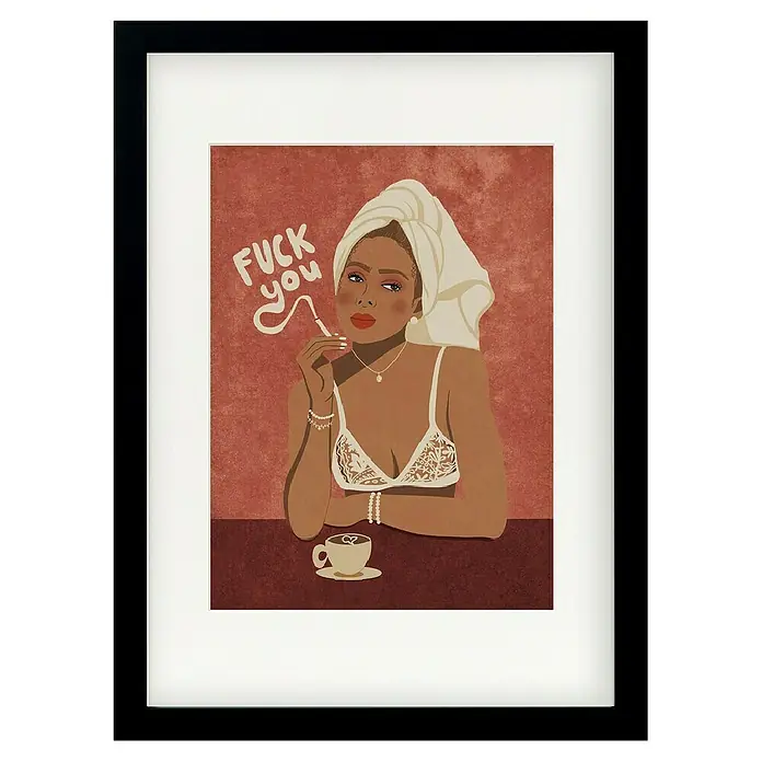 Papermoon Bild - Morning Coffee, B x H: 70 x 100 cm, Mit Passepartout, Rahmen Schwarz - Gerahmtes Bild mit einer Illustration einer Frau mit Handtuch und dem Schriftzug "Fuck You", das eine humorvolle Note in jeden Raum bringt.
