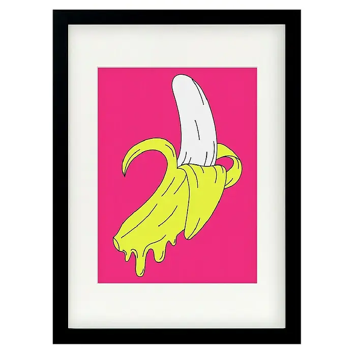 Papermoon Bild - Melting Pink Banana, B x H: 50 x 70 cm, Mit Passepartout, Rahmen Schwarz - Gerahmtes Wandbild mit einem psychedelischen, geschälten Bananenmotiv auf pinkfarbenem Hintergrund für einen modernen Touch.