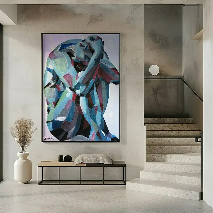 Papermoon Bild - Self Reflection, B x H: 40 x 50 cm, Mit Passepartout, Rahmen Schwarz - Abstraktes Gemälde eines hockenden Mannes in Blau- und Rottönen, gerahmt und an einer Wand über einer Bank mit Dekorationen platziert.