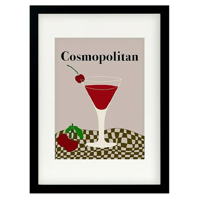 Papermoon Bild - Cosmopolitan, B x H: 100 x 140 cm, Mit Passepartout, Rahmen Schwarz - Gerahmtes Poster mit einem Cosmopolitan-Cocktail, dekoriert mit Kirschen, auf einem karierten Hintergrund.