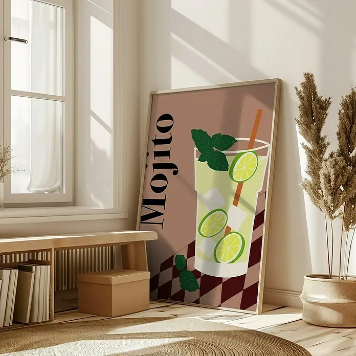 Papermoon Bild - Mojito, B x H: 50 x 70 cm, Ohne Passepartout, Rahmen Eiche - Ein gerahmtes Mojito-Poster lehnt an einer Wand, neben einem Fenster und einer Topfpflanze. Das Poster zeigt ein erfrischendes Getränk.