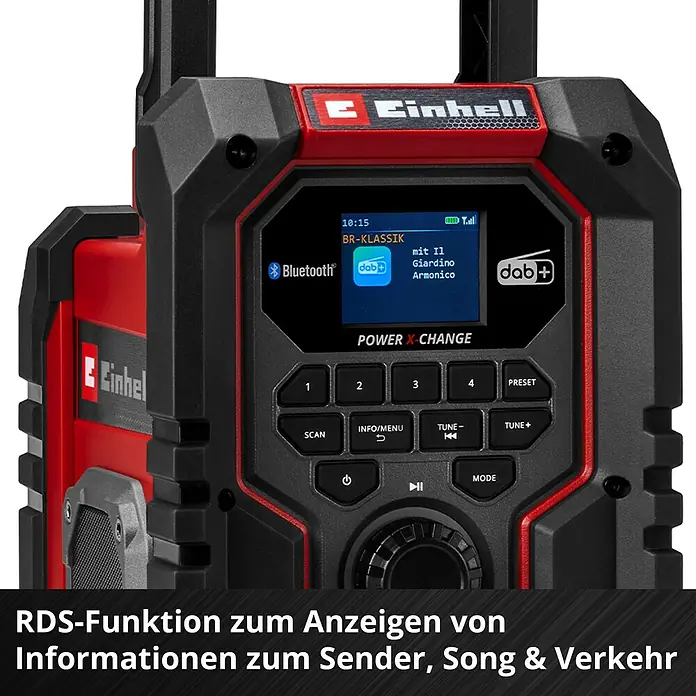 Einhell Power X-Change 18V Akku-Baustellenradio TE-CR 18 Li DAB+/FM/BT - Solo - 18 V, Ohne Akku, Bluetooth - Nahaufnahme eines Einhell-Radios mit RDS-Funktion zur Anzeige von Sender-, Song- und Verkehrsinformationen.