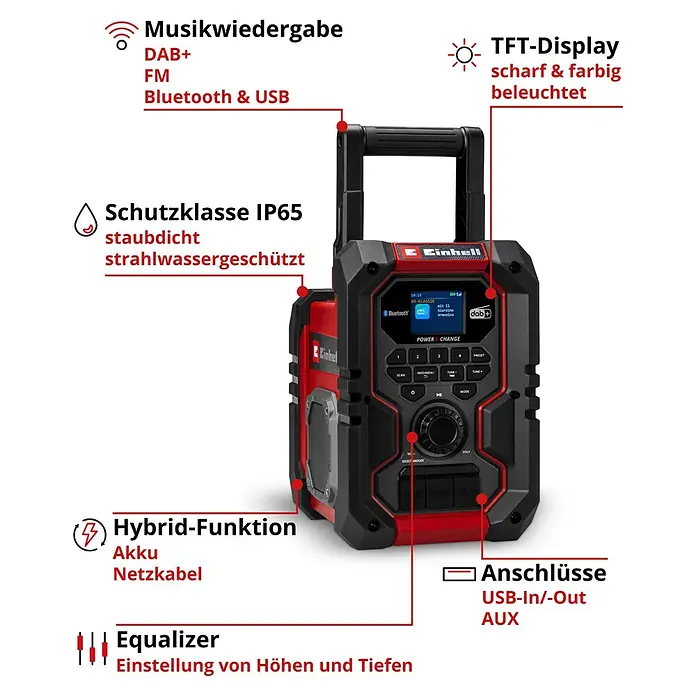 Einhell Power X-Change 18V Akku-Baustellenradio TE-CR 18 Li DAB+/FM/BT - Solo - 18 V, Ohne Akku, Bluetooth - Das Einhell Baustellenradio ist ein robustes und vielseitiges Radio mit DAB+, FM, Bluetooth und USB-Anschluss. Ideal für Baustellen und Werkstätten!