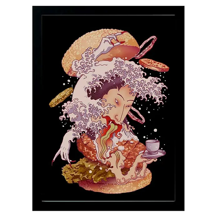Papermoon Bild - Fusion Ghost, B x H: 100 x 140 cm, Ohne Passepartout, Rahmen Schwarz - Fantasievolle Burger-Illustration mit japanischen Kunstmotiven, die einen einzigartigen und ansprechenden visuellen Reiz erzeugt.