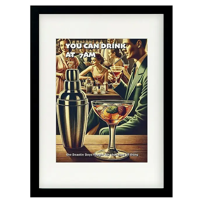 Papermoon Bild - You can Drink at 7 AM, B x H: 50 x 70 cm, Mit Passepartout, Rahmen Schwarz - Gerahmtes Bild mit Illustration einer Bar, Cocktailshaker und Glas, mit der Aufschrift "You can drink at 7am".
