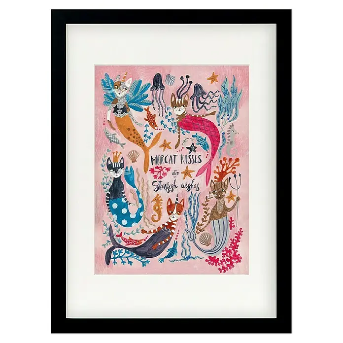 Papermoon Bild - Mercats and Caticorns, B x H: 40 x 50 cm, Mit Passepartout, Rahmen Schwarz - Gerahmtes Bild "Mercat Kisses", eine bezaubernde Illustration von Katzen-Meerjungfrauen, ideal für Kinderzimmer oder als skurriles Dekorationsstück.