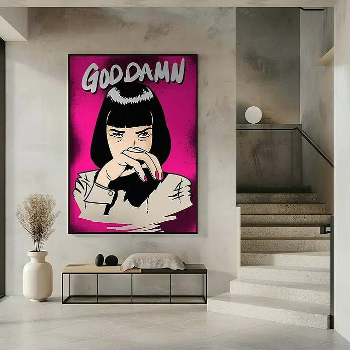 Papermoon Bild - Goodamn!, B x H: 40 x 50 cm, Ohne Passepartout, Rahmen Schwarz - Ein auffälliges Pop-Art-Gemälde mit dem Schriftzug "GOD DAMN" hängt in einem modern gestalteten Flur neben einer Treppe.