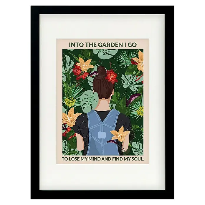 Papermoon Bild - Into the Garden, B x H: 40 x 50 cm, Mit Passepartout, Rahmen Schwarz - Gerahmtes Poster "Into the Garden I Go", das eine Frau in einer Gartenlandschaft zeigt, ideal für Gartenliebhaber.