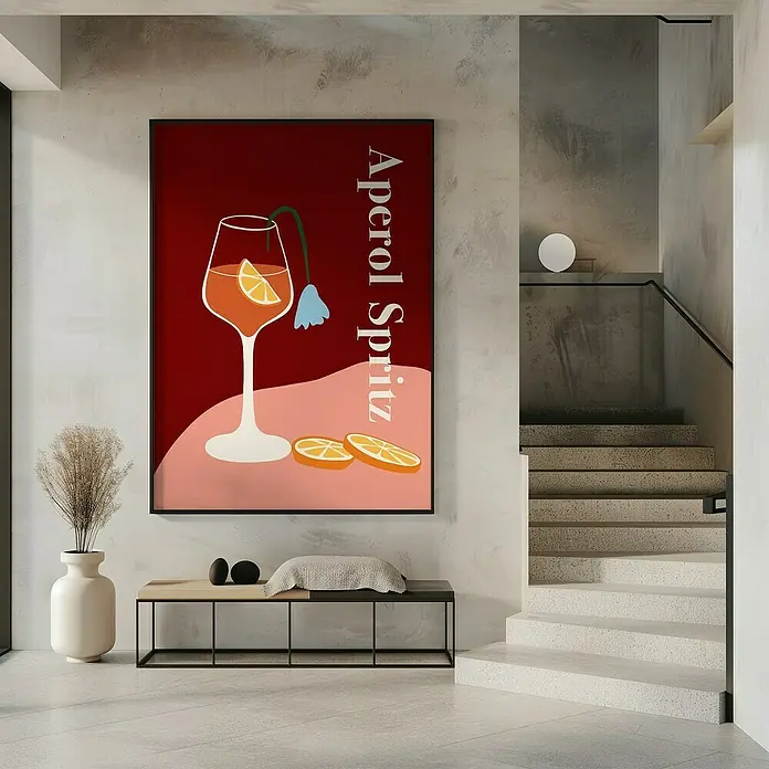 Papermoon Bild - Aperol Spritz, B x H: 40 x 50 cm, Ohne Passepartout, Rahmen Schwarz - Ein modernes Interieur mit einem auffälligen Aperol Spritz-Kunstdruck in einem schwarzen Rahmen, der über einer Bank platziert ist, verleiht dem Raum eine stilvolle Note.