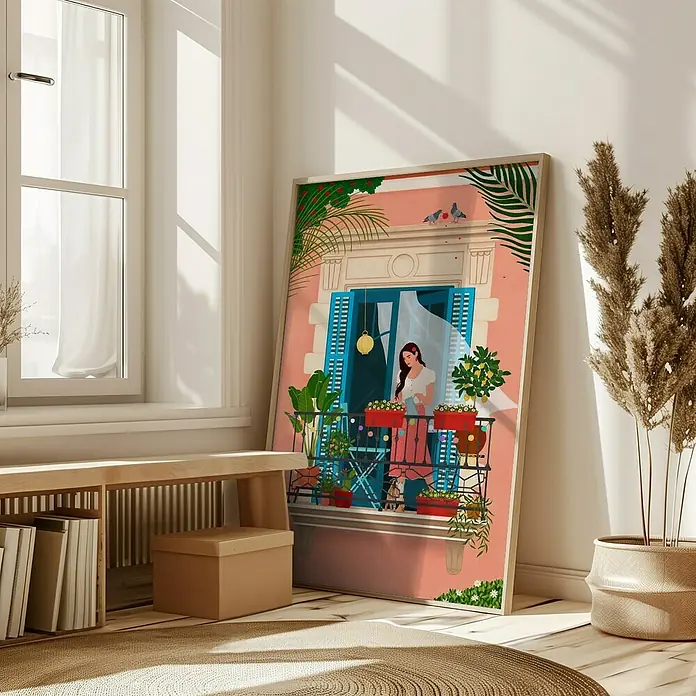 Papermoon Bild - Barcelona, B x H: 80 x 110 cm, Ohne Passepartout, Rahmen Eiche - Ein gerahmtes Kunstdruck, das eine Frau auf einem blumengeschmückten Balkon zeigt, lehnt an einer weißen Wand und verleiht dem Raum einen Hauch von Farbe.