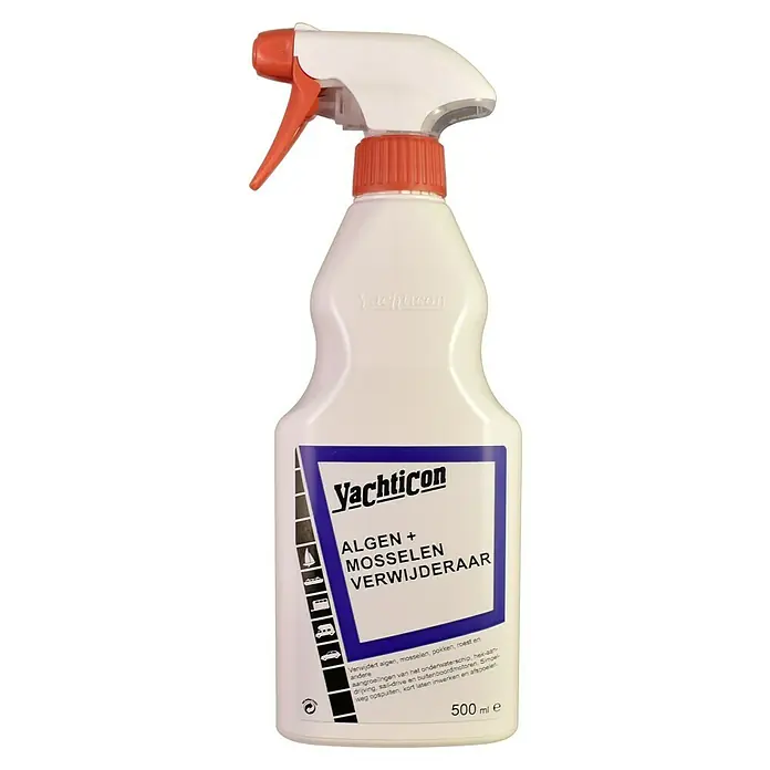 Yachticon Eliminador de algas y lamelibranquios - 500 ml, Líquida - Eliminador de algas y mejillones Yachticon en un frasco rociador blanco con cabezal rociador rojo, perfecto para la limpieza de barcos y yates.