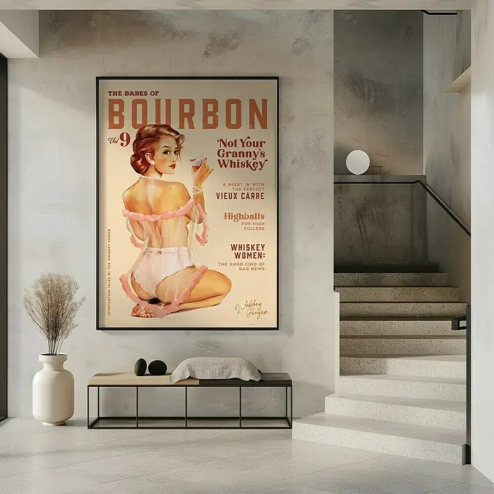 Papermoon Bild - Babes of Boubon Vol. 9, B x H: 80 x 110 cm, Mit Passepartout, Rahmen Schwarz - Die "Babes of Bourbon" Wandkunst: Ein Vintage-inspiriertes Poster, das den Charme klassischer Whiskey-Werbung mit einem modernen Touch verbindet.