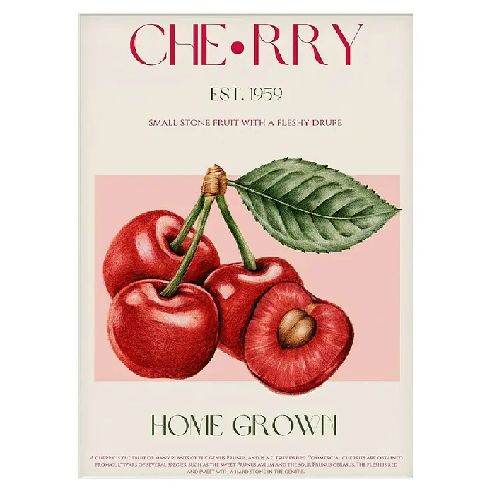 Papermoon Poster - Sweet Red Cherries, B x H: 100 x 140 cm, Mit Passepartout - Illustration von saftigen, rotfleischigen Kirschen, Sorte 'Home Grown', auf cremefarbenem Hintergrund, perfekt für Liebhaber frischer Früchte.