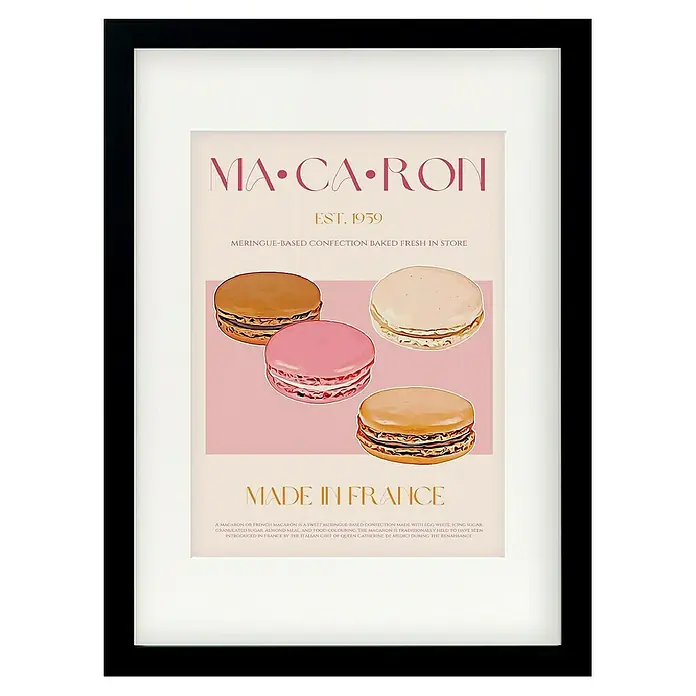 Papermoon Bild - French Macaron, B x H: 70 x 100 cm, Mit Passepartout, Rahmen Schwarz - Ein gerahmtes Poster von "MA-CA-RON" mit der Aufschrift "Made in France" und einer Illustration von bunten Macarons.