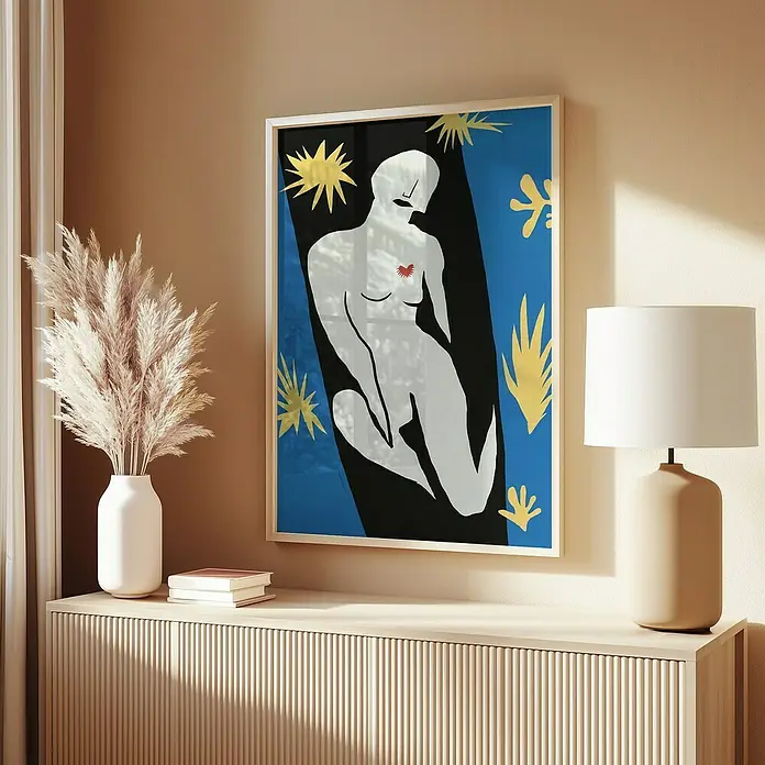 Papermoon Bild - Abstract Figure, B x H: 50 x 70 cm, Ohne Passepartout, Rahmen Eiche - Ein gerahmtes Matisse-inspiriertes Kunstwerk mit einer sitzenden Figur, das eine stilvolle Ergänzung für moderne Interieurs darstellt.