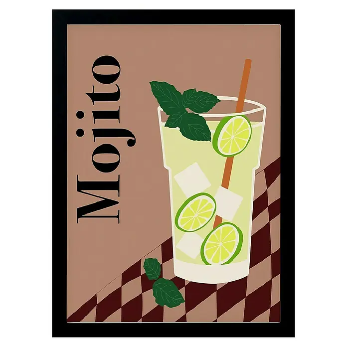 Papermoon Bild - Mojito, B x H: 50 x 70 cm, Ohne Passepartout, Rahmen Schwarz - Illustration eines Mojito-Cocktails in einem Glas mit Limetten, Minze und Eiswürfeln, daneben der Schriftzug "Mojito".