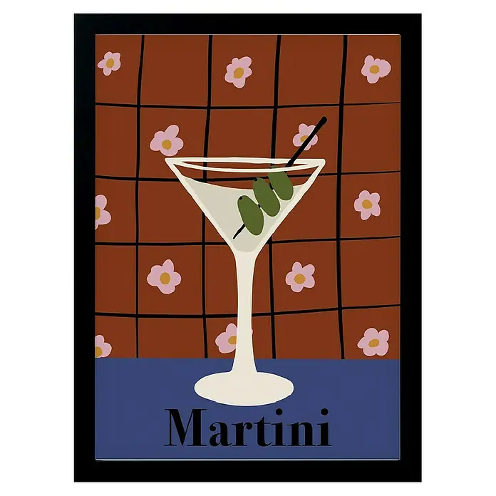 Papermoon Bild - Martini, B x H: 60 x 80 cm, Ohne Passepartout, Rahmen Schwarz - Martini-Cocktail Grafikdruck. Stilvolles Design mit Oliven, perfekt für Bar- und Küchendekorationen, die eine elegante und künstlerische Note verleihen.