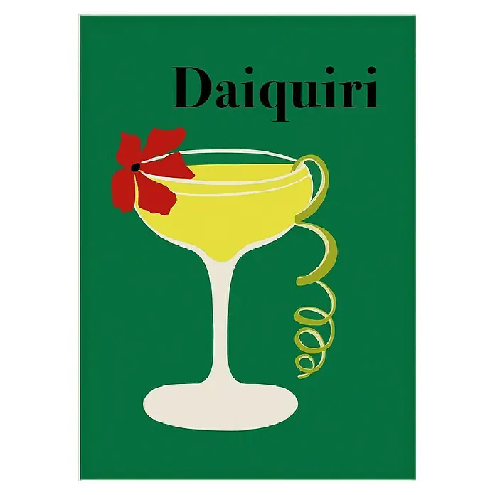 Papermoon Poster - Daiquiri, B x H: 100 x 140 cm, Mit Passepartout - Ein stilvolles Bild eines Daiquiri-Cocktails, elegant verziert mit einer roten Blüte und einer Limettenspirale vor einem grünen Hintergrund.