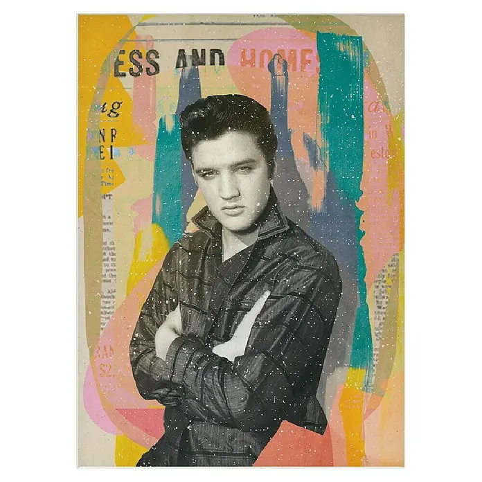 Papermoon Poster - King in the House, B x H: 50 x 70 cm, Mit Passepartout - Schwarzes und weißes Elvis-Porträt vor buntem Hintergrund, ideal für Musikliebhaber und Sammler von Pop-Art-Dekorationen.