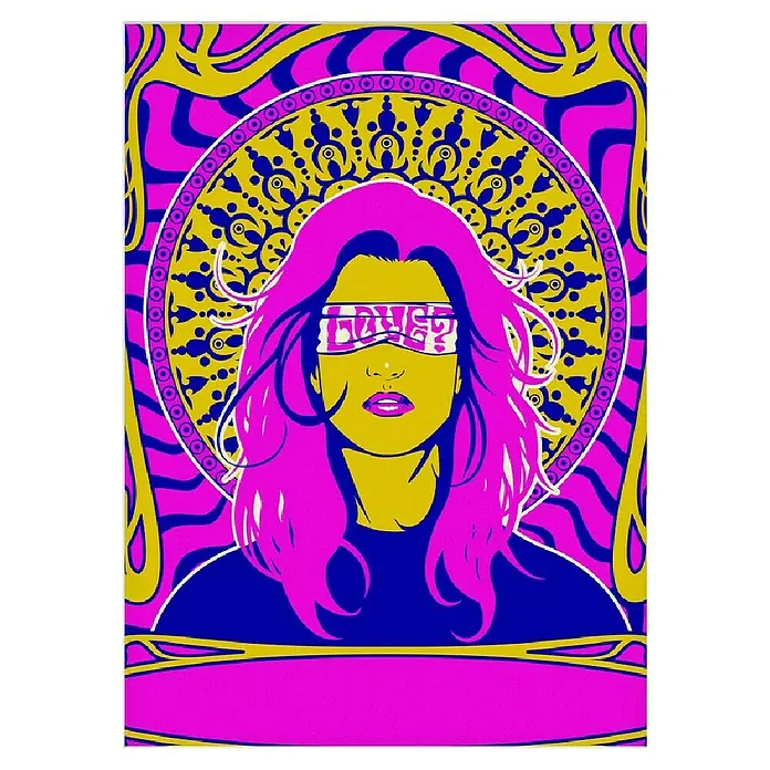 Papermoon Poster - Woman Series 1, B x H: 50 x 70 cm, Mit Passepartout - Psychedelisches Poster mit einer Frau mit rosa Haaren und einer "Liebe?" Augenbinde vor einem gelb-blauen Muster.
