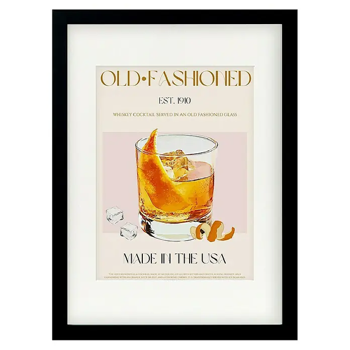 Papermoon Bild - Classic Cocktail, B x H: 70 x 100 cm, Mit Passepartout, Rahmen Schwarz - Ein gerahmtes Bild mit einem stilvollen "Old-Fashioned" Cocktail-Poster, das die klassische Eleganz des Getränks betont.