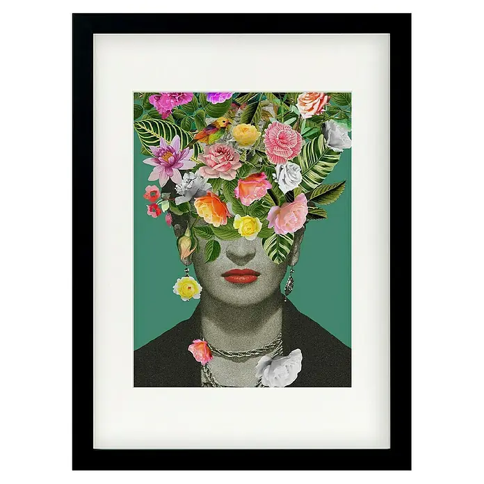 Papermoon Bild - Floral Frida, B x H: 60 x 80 cm, Mit Passepartout, Rahmen Schwarz - Gerahmtes Porträt "Frida mit Blumen" mit Collage-Elementen und leuchtenden Farben, ein einzigartiges Kunstwerk für Ihr Zuhause.