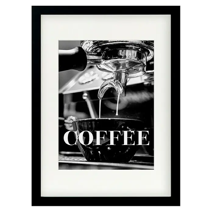 Papermoon Bild - Coffee Text, B x H: 40 x 50 cm, Mit Passepartout, Rahmen Schwarz - Schwarz-Weiß-Foto mit dem Text "Coffee" über einer Tasse, die unter einem Espressozubereiter steht, in einem stilvollen Rahmen.