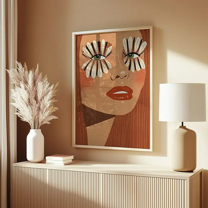 Papermoon Bild - Flower Eyes, B x H: 40 x 50 cm, Ohne Passepartout, Rahmen Eiche - Ein gerahmtes Porträtgemälde einer Frau mit Blumen um die Augen, auf einer Kommode mit einer Lampe und einer Vase mit Federn.