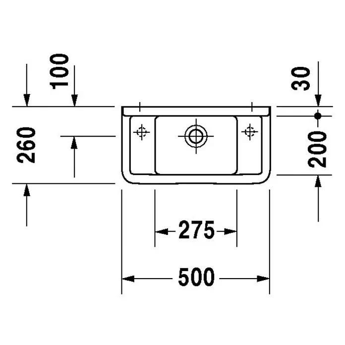 Duravit Starck 3 Waschbecken - 50 x 26 cm, Ohne Spezialglasur, Hahnloch: Ohne, Mit Überlauf, Weiß - Technische Zeichnung eines Waschtisches mit Bemaßungen (500x260 mm) für Installation, ideal für Badplanung.
