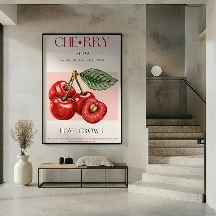 Papermoon Bild - Sweet Red Cherries, B x H: 100 x 140 cm, Mit Passepartout, Rahmen Schwarz - Das Bild zeigt ein großes gerahmtes Kirschposter an einer Wand über einem minimalistischen Tisch mit Dekorationen und Treppe.