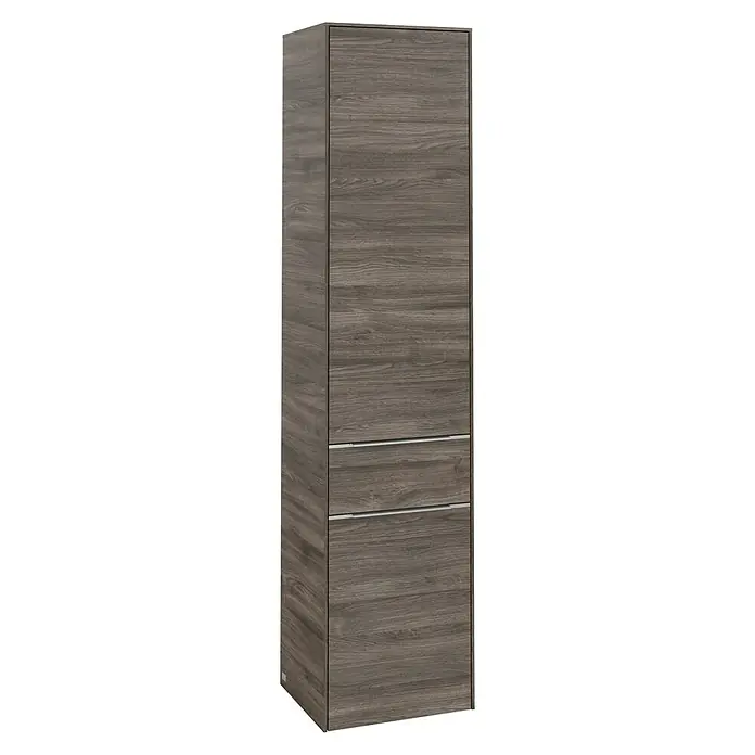 Villeroy & Boch Subway 3.0 Hochschrank - B x T x H: 40 x 36,2 x 171 cm, 1x Schublade, 2x Tür, Stone Oak, Farbe Griff: Aluminium glänzend, DIN Anschlag: Links - Hochformatiges Bild eines Badezimmer-Hochschranks in Holzoptik mit zwei Schubladen und schmalen silbernen Griffen.
