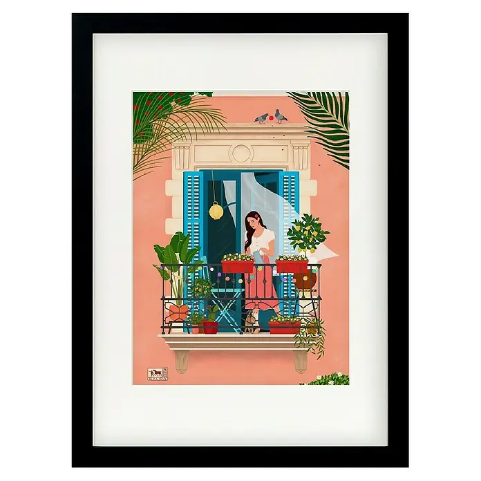 Papermoon Bild - Barcelona, B x H: 80 x 110 cm, Mit Passepartout, Rahmen Schwarz - Gerahmtes Bild mit einer Frau auf einem Balkon, umgeben von Pflanzen und Blumen in leuchtenden Farben.