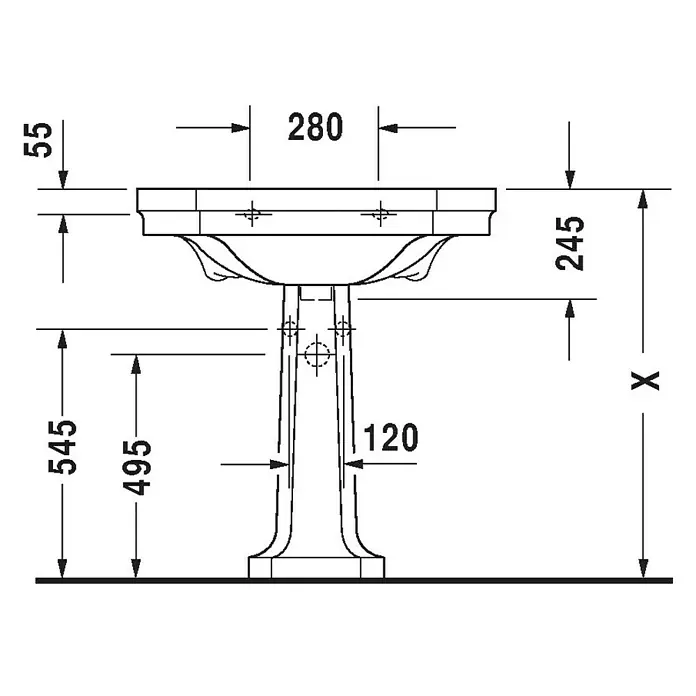Duravit 1930 Waschbecken-Standsäule Typ 1 - Unbeschichtet, Keramik, Weiß - Technische Zeichnung eines Waschbeckens mit Sockel, Maße 280 x 55 x 245 mm, Sockelhöhe 545 mm, Breite 120 mm.