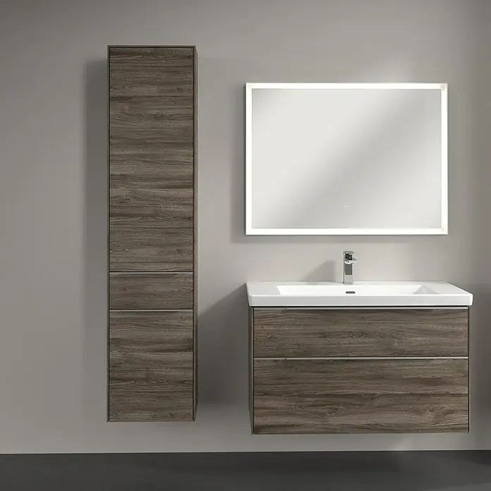 Villeroy & Boch Subway 3.0 Hochschrank - B x T x H: 40 x 36,2 x 171 cm, 1x Schublade, 2x Tür, Stone Oak, Farbe Griff: Aluminium glänzend, DIN Anschlag: Links - Elegantes Badezimmerset mit Waschtischunterschrank, Waschbecken und Spiegelschrank. Zeitloses Design für moderne Bäder.