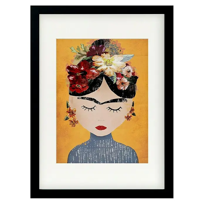 Papermoon Bild - Treechild Frida Gelb, B x H: 100 x 140 cm, Mit Passepartout, Rahmen Schwarz - Gerahmtes Porträtgemälde einer Frau mit Blumen im Haar vor ockerfarbenem Hintergrund, ein dekoratives Kunstwerk für die Wand.
