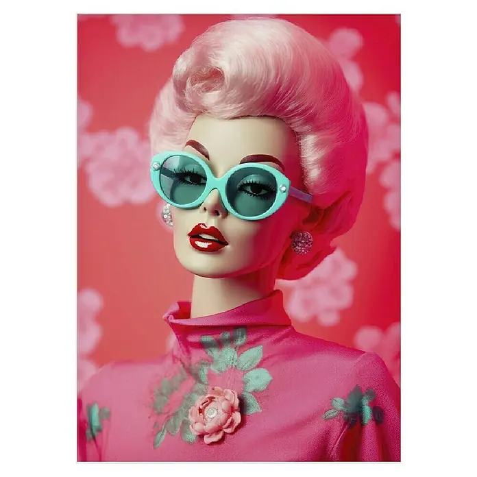 Papermoon Poster - Oh Barbie No. 1, B x H: 80 x 110 cm, Mit Passepartout - Elegante Frau mit rosa Haaren, türkisfarbener Sonnenbrille und pinkfarbenem Kleid mit Blumenmuster für einen einzigartigen Retro-Look.