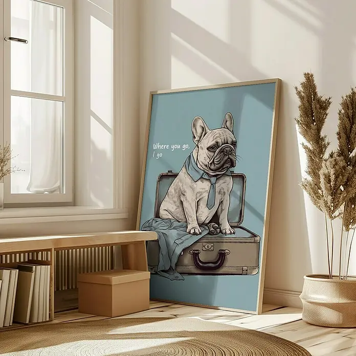 Papermoon BildFrenchie Want Travel, B x H: 80 x 110 cm, Mit Passepartout, Rahmen Eiche - Stimmungsaufnahme