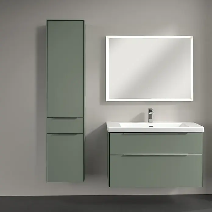 Villeroy & Boch Subway 3.0 Hochschrank - B x T x H: 40 x 36,2 x 171 cm, 1x Schublade, 2x Tür, Soft Green, Farbe Griff: Aluminium glänzend, DIN Anschlag: Links - Modernes Badezimmerensemble mit grünem Waschtischunterschrank, Spiegelschrank und Hochschrank. Zeitgemäßes Design für ein stilvolles Badezimmer.