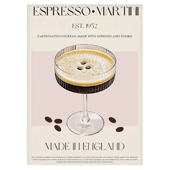 Papermoon Poster - Coffee Delighta, B x H: 80 x 110 cm, Mit Passepartout - Auffälliges Poster mit einem Espresso Martini Cocktail, 1952 in England kreiert, mit Kaffeebohnen verziert.
