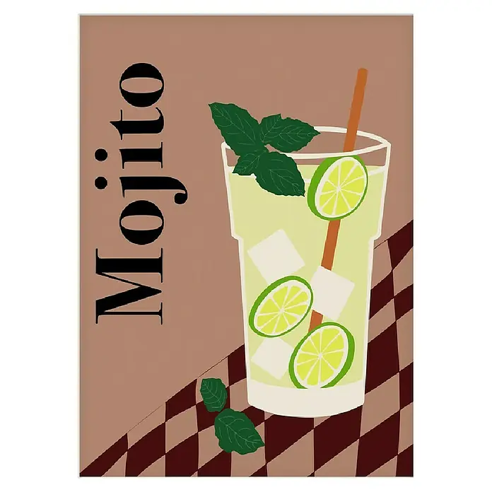Papermoon Poster - Mojito, B x H: 80 x 110 cm, Mit Passepartout - Illustration eines Mojito-Cocktails mit Eis, Limetten und Minze auf einem karierten Untergrund.