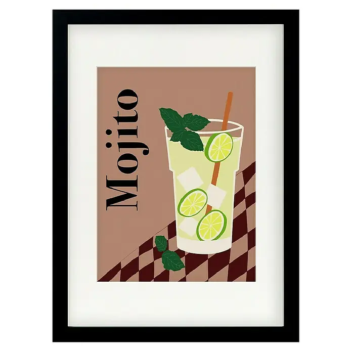 Papermoon Bild - Mojito, B x H: 40 x 50 cm, Mit Passepartout, Rahmen Schwarz - Illustrative Darstellung eines Mojito-Cocktails mit Limetten und Minze, gerahmt in Schwarz. Ideal für die Bar oder als sommerliche Dekoration.