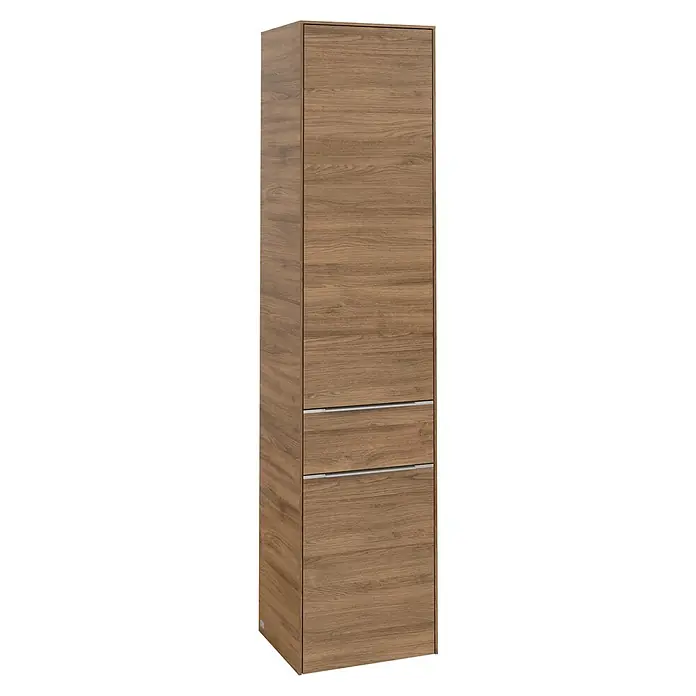 Villeroy & Boch Subway 3.0 Hochschrank - B x T x H: 40 x 36,2 x 171 cm, 1x Schublade, 2x Tür, Kansas Oak, Farbe Griff: Aluminium glänzend, DIN Anschlag: Links - Ein hochformatiger, brauner Holzschrank mit schlichtem Design und Schubladen, ideal für moderne Wohnräume, bietet viel Stauraum.
